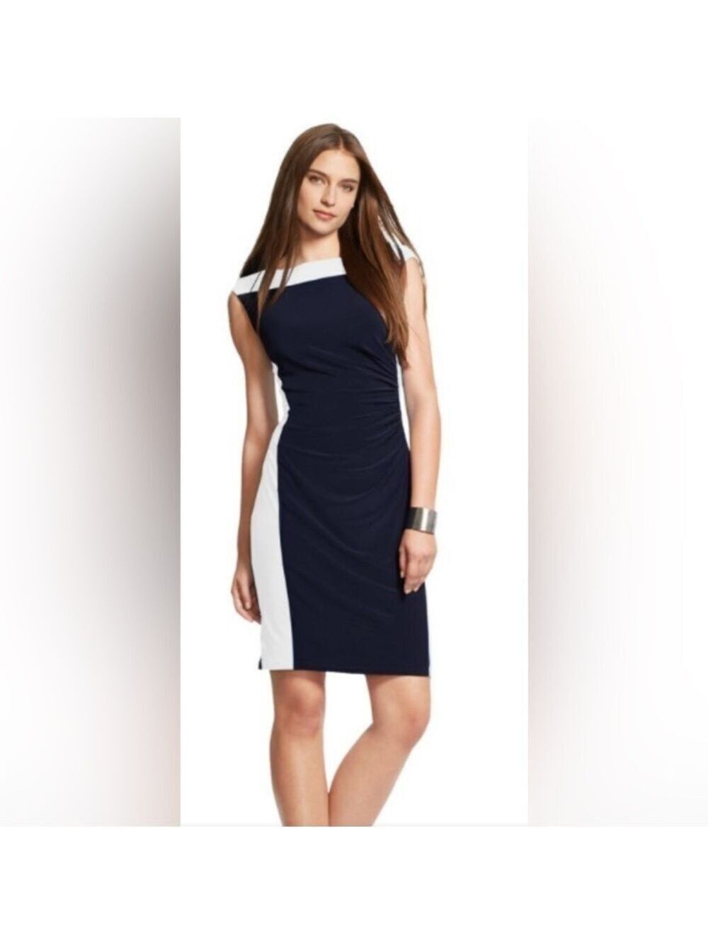 Lauren Ralph Lauren Colorblock Navy&White Form Flattering Midi Dress-SO Soft W12